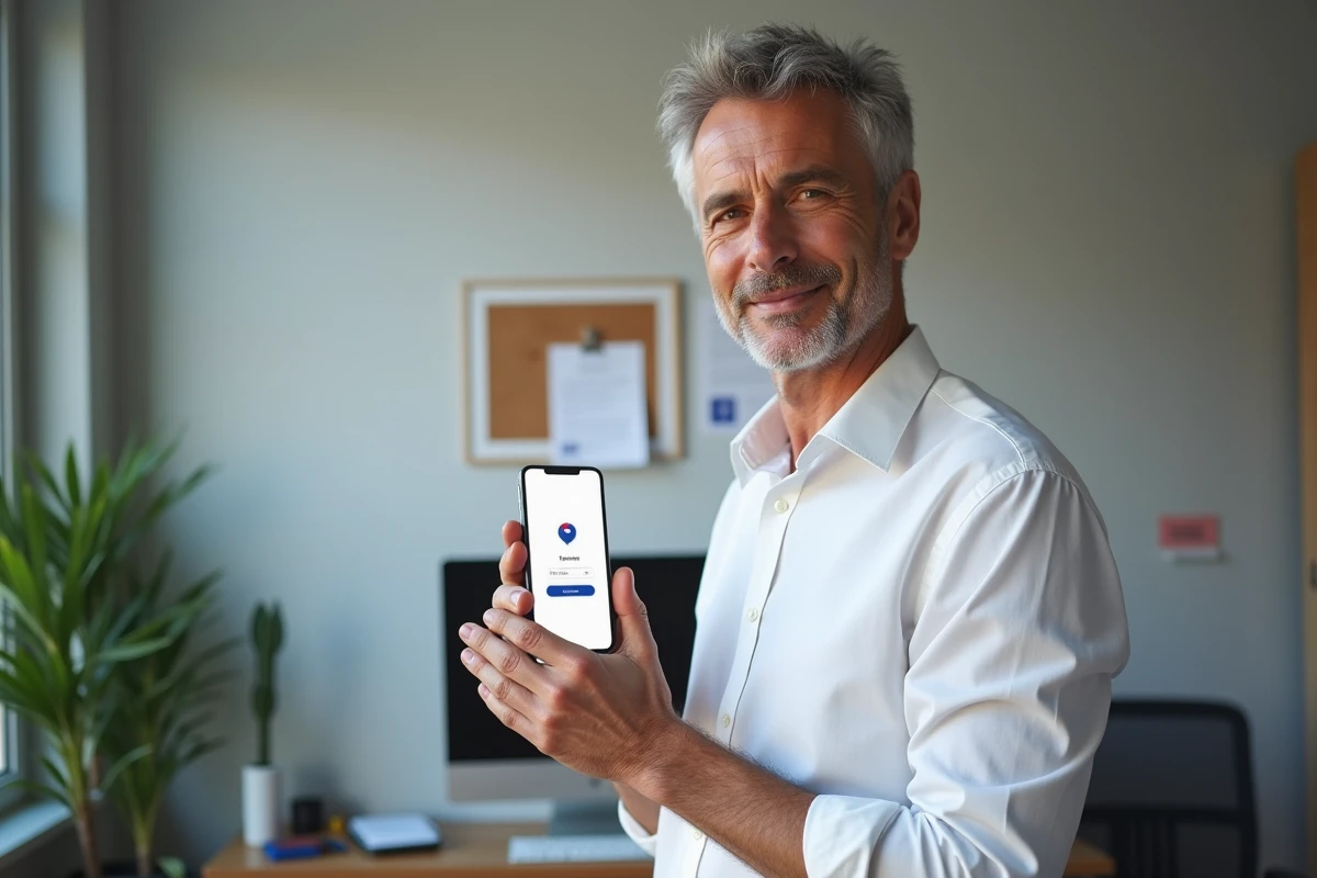 Homme d'une cinquantaine d'années accédant à son compte retraite Agirc-Arrco via FranceConnect sur smartphone dans un bureau à domicile