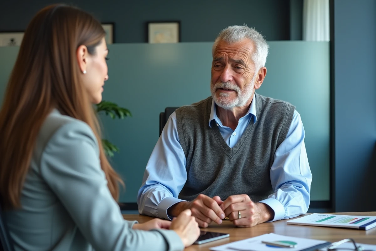 Homme âgé français discute avec conseiller bancaire