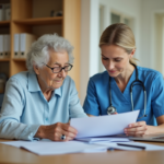 Infirmière en uniforme bleu avec une résidente âgée