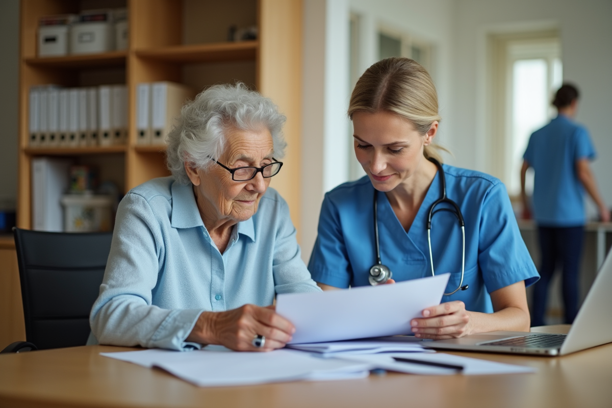 Infirmière en uniforme bleu avec une résidente âgée