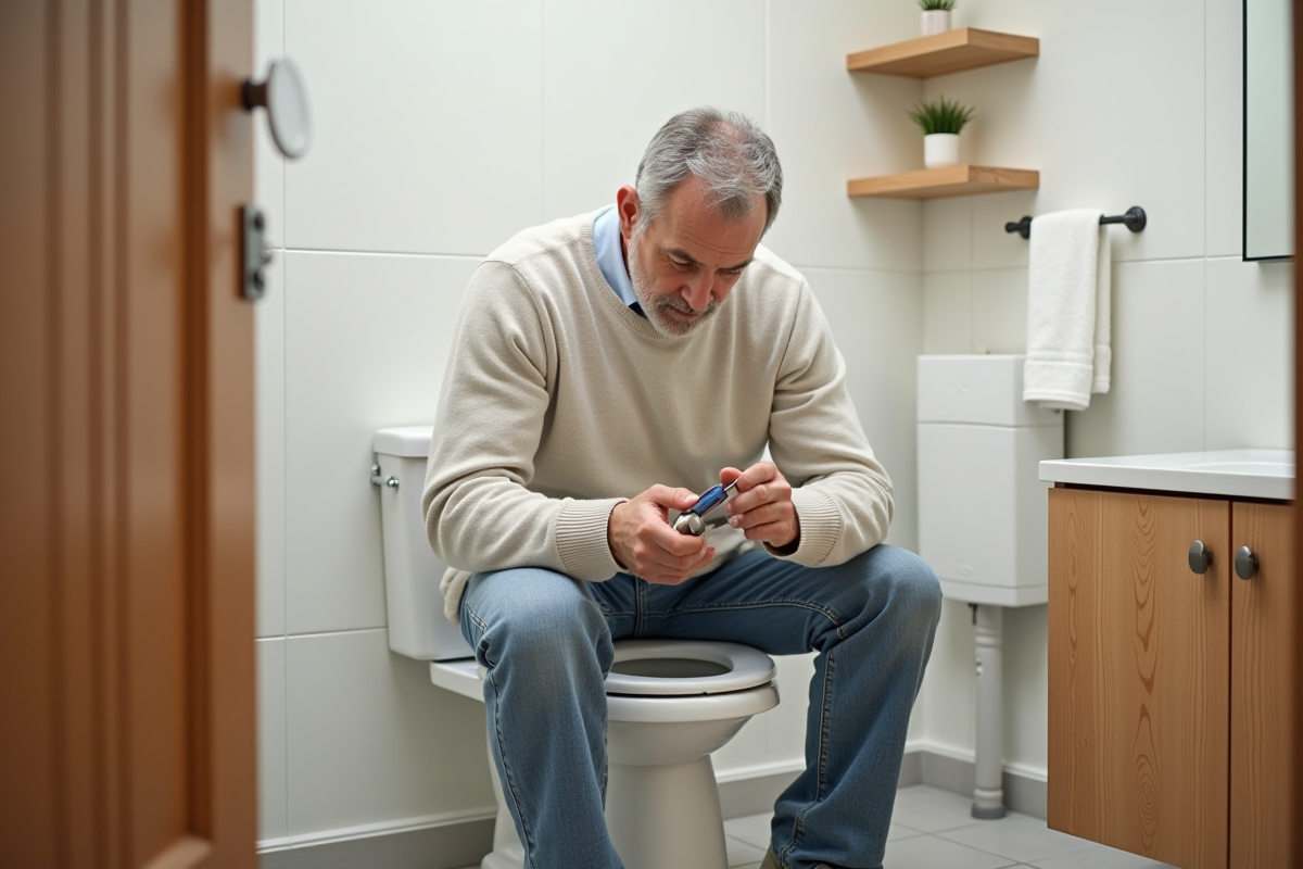 Homme moyen installant un riser de toilette dans une salle de bain lumineuse