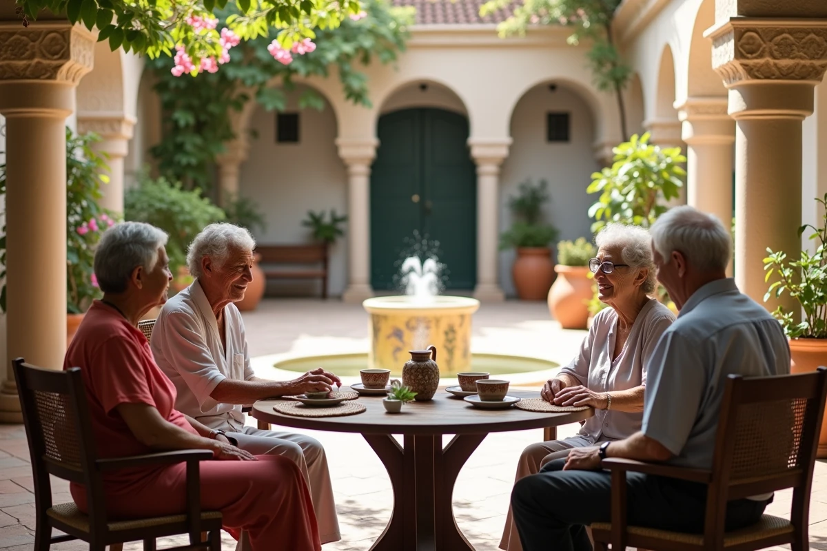 Résidents âgés prenant le thé dans le jardin intérieur d'une maison de retraite marocaine