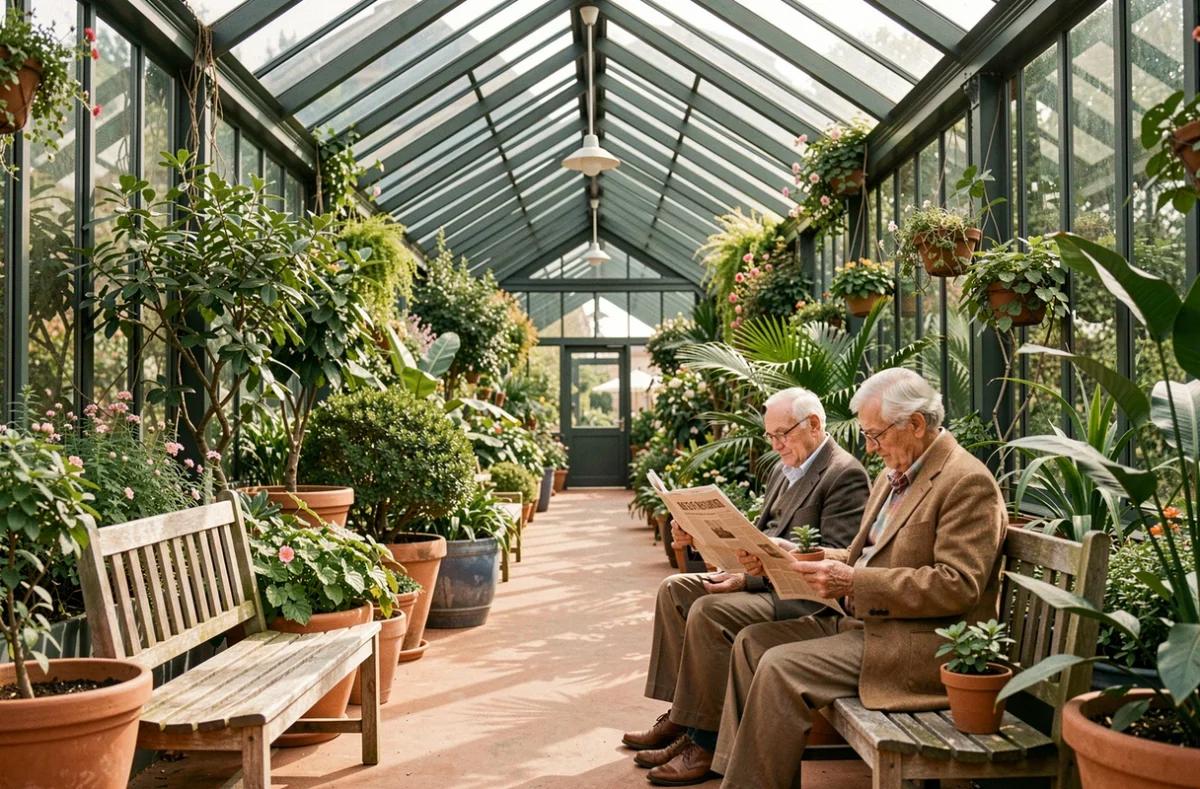 Jardin intérieur lumineux des Jardins d'Iroise de Paris avec des résidents profitant d'un couloir végétalisé
