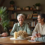 Femme de 60 ans jouant à un jeu d'anniversaire en famille autour d'une table en bois, ambiance chaleureuse et sobre