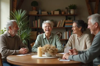 Femme de 60 ans jouant à un jeu d'anniversaire en famille autour d'une table en bois, ambiance chaleureuse et sobre
