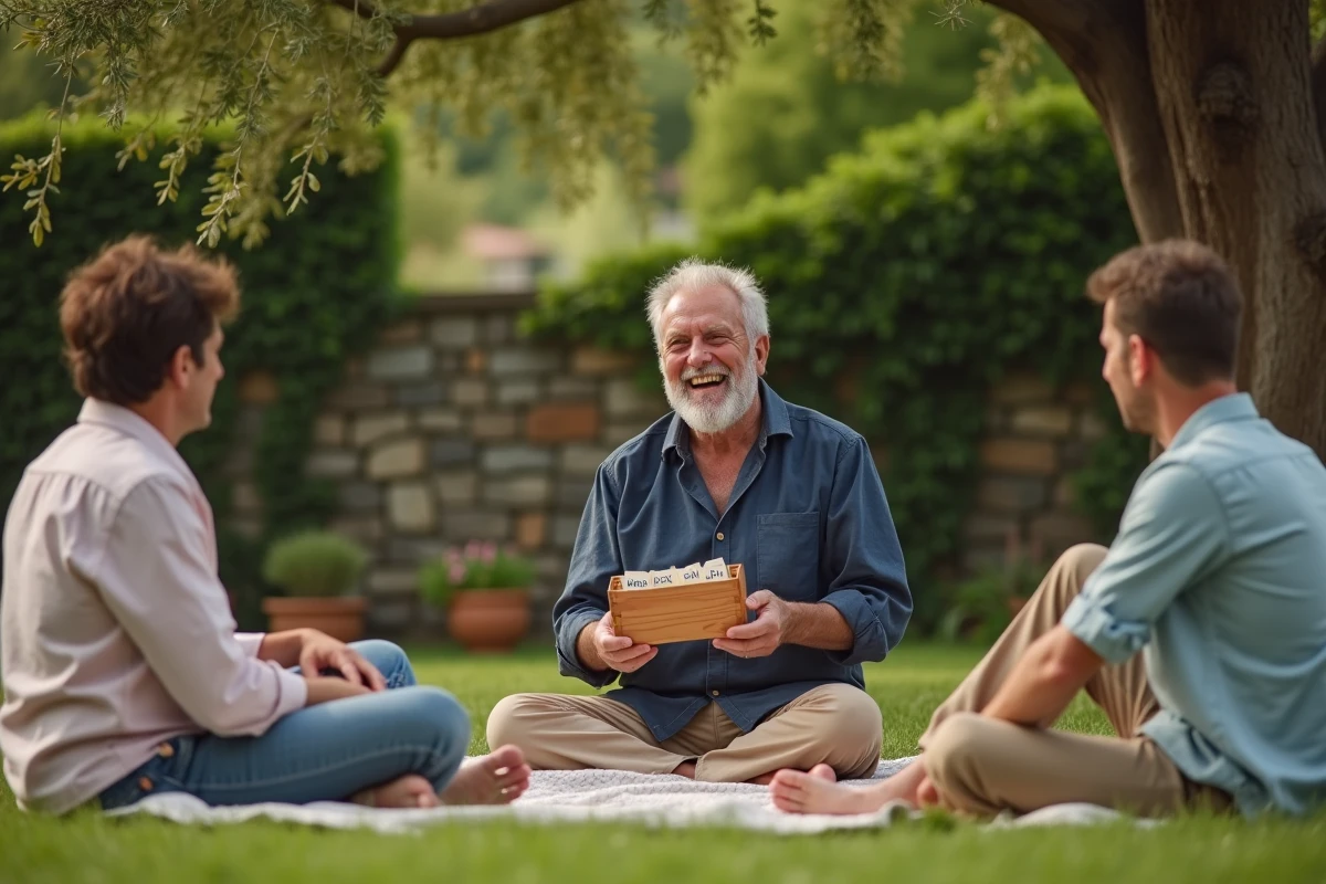 Homme de 60 ans animant un jeu de questions-réponses en plein air lors d'un anniversaire sobre en jardin