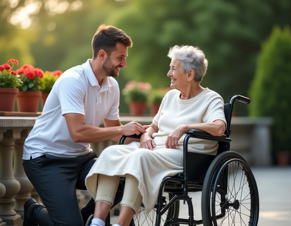 Jeune auxiliaire de vie accompagnant une dame en fauteuil roulant sur une terrasse ensoleillée