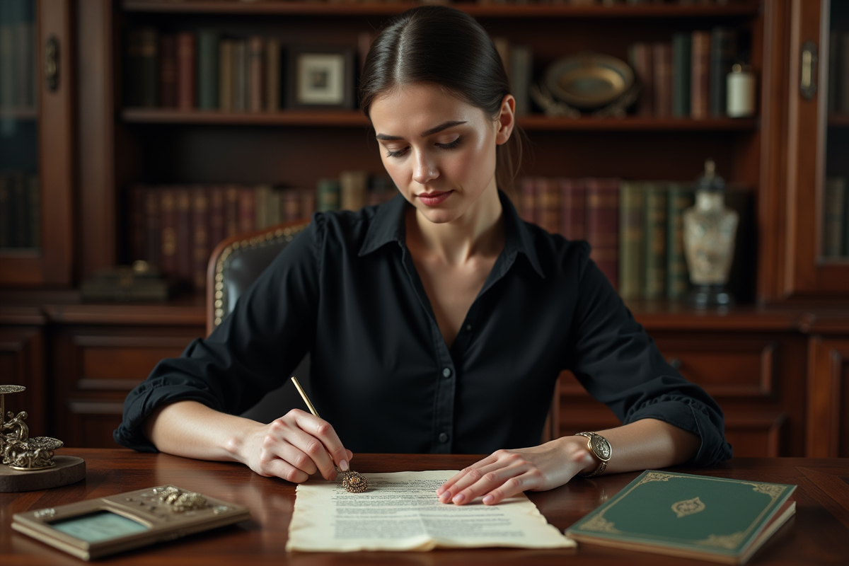 Une jeune femme examine un broche ancien dans un bureau