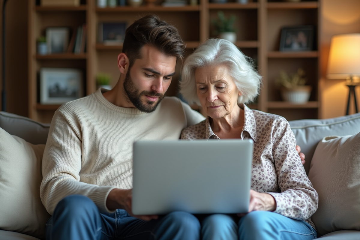 Jeune adulte et femme âgée regardant un ordinateur portable