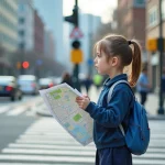 Jeune fille en uniforme scolaire dans la ville au matin