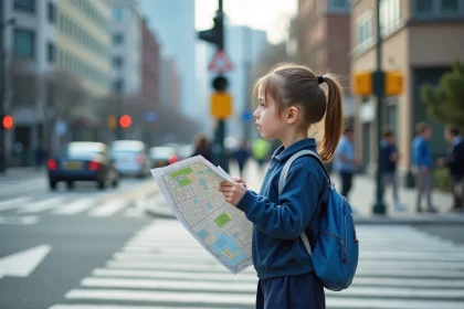Jeune fille en uniforme scolaire dans la ville au matin