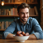 Jeune homme surpris dans un café avec un fruit date rare