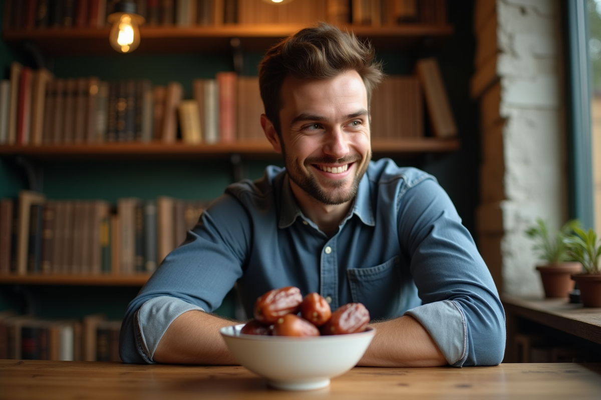 Jeune homme surpris dans un café avec un fruit date rare
