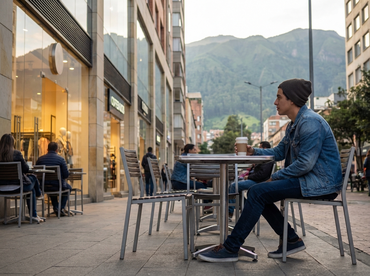 Jeune homme au café avec vue sur montagnes urbaines