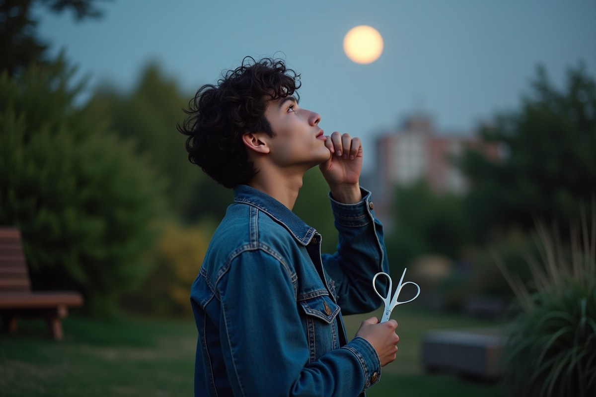 Jeune homme dans un jardin regarde la lune avec des ciseaux