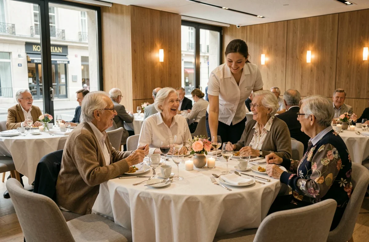 Salle à manger moderne et lumineuse de Korian Saint Simon avec des résidents partageant un repas convivial