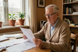 Locataire âgé de plus de 65 ans lisant une lettre de congé dans son appartement