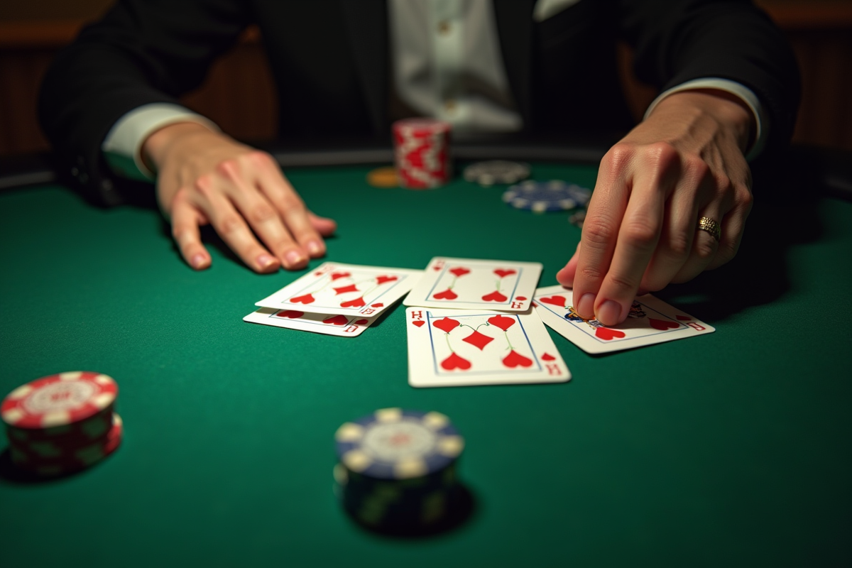 Main jouant au blackjack avec cartes et jetons sur la table