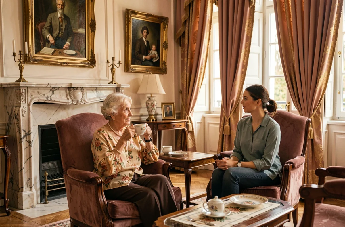 Salon bourgeois raffiné de la Maison de Famille Villa Lecourbe avec une résidente en conversation dans un cadre élégant
