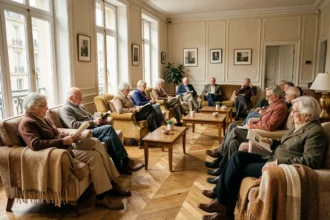 Salon commun accueillant d'un EHPAD parisien avec des résidents âgés en conversation dans un cadre haussmannien chaleureux