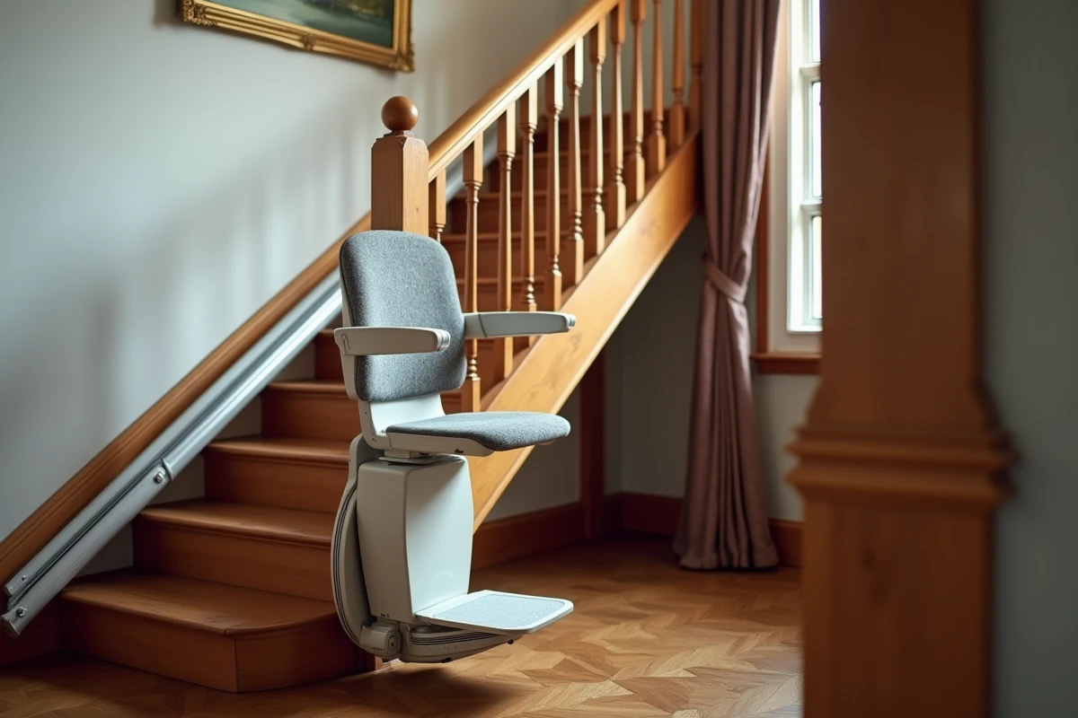 Monte-escalier installé sur un escalier en bois dans une maison française typique, vue détaillée du siège et du rail