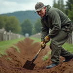 Ouvrier de cimetière creusant une tombe dans un cimetière rural