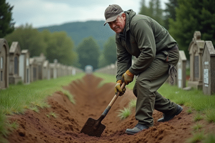 Ouvrier de cimetière creusant une tombe dans un cimetière rural