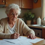 Personne âgée lisant attentivement un contrat de vente à domicile pour un monte-escalier à sa table de cuisine
