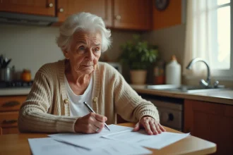 Personne âgée lisant attentivement un contrat de vente à domicile pour un monte-escalier à sa table de cuisine