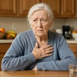 Femme âgée assise à la cuisine, la main sur la poitrine, exprimant une gêne cardiaque liée au manque de potassium