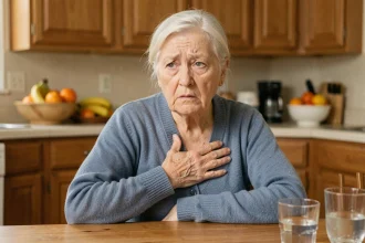 Femme âgée assise à la cuisine, la main sur la poitrine, exprimant une gêne cardiaque liée au manque de potassium