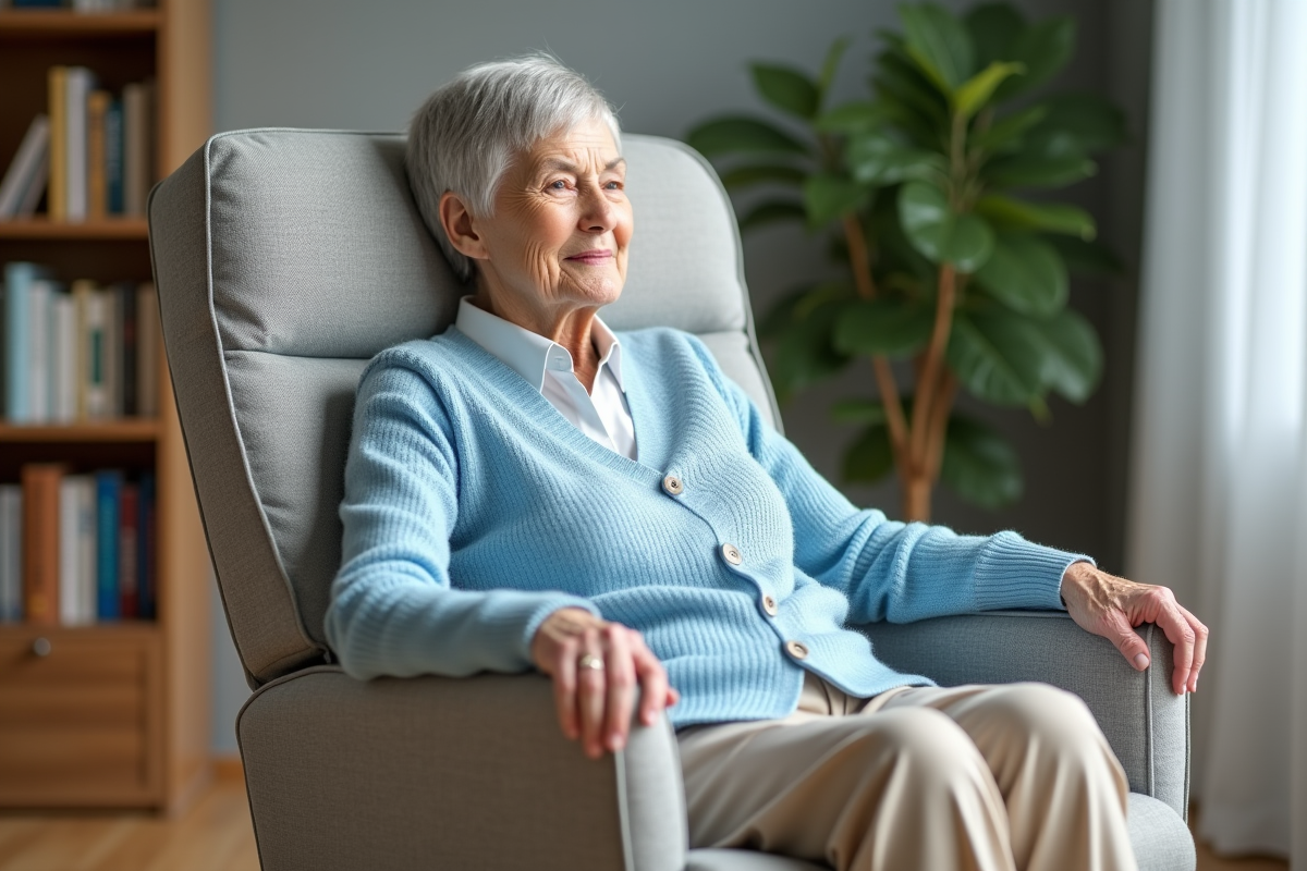 Femme âgée détendue dans un fauteuil médical moderne