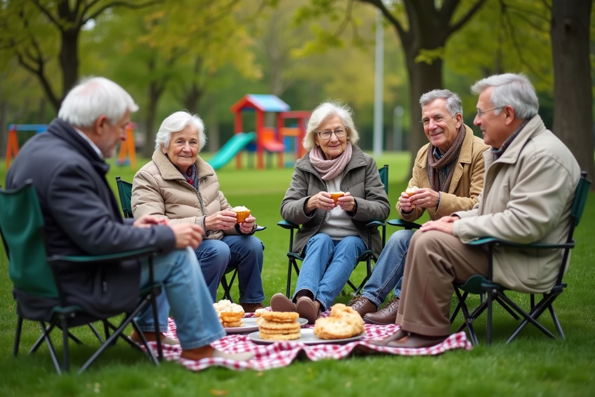 Seniors partageant un pique-nique dans un parc en plein air