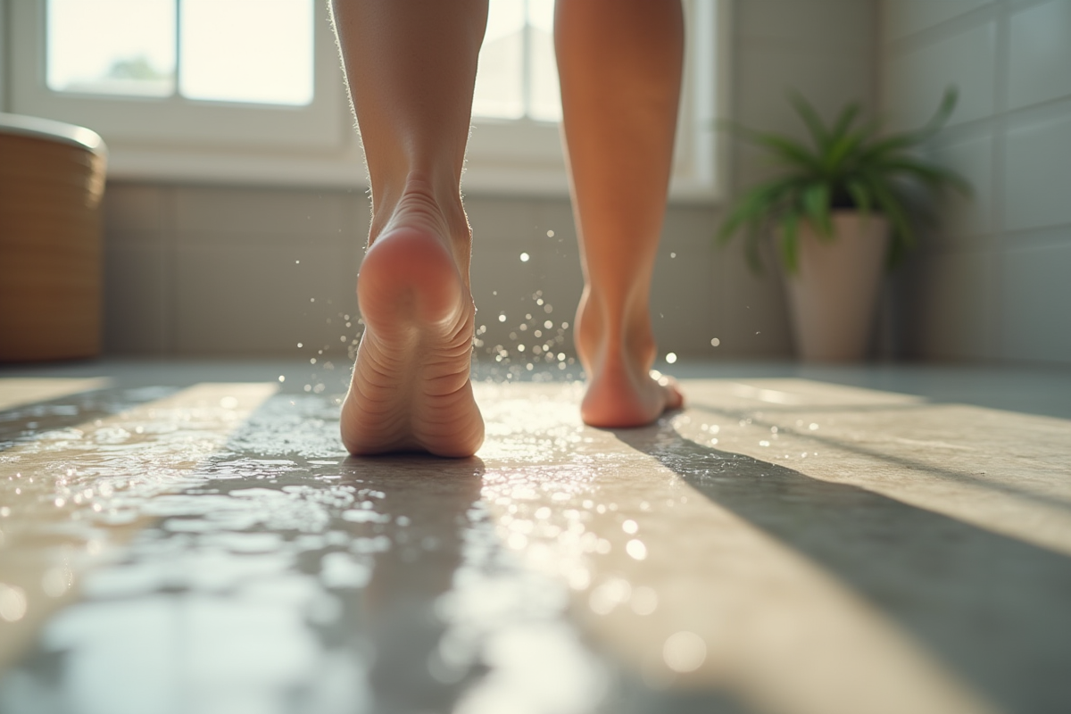 Pieds de senior sur carrelage texturé dans la salle de bain