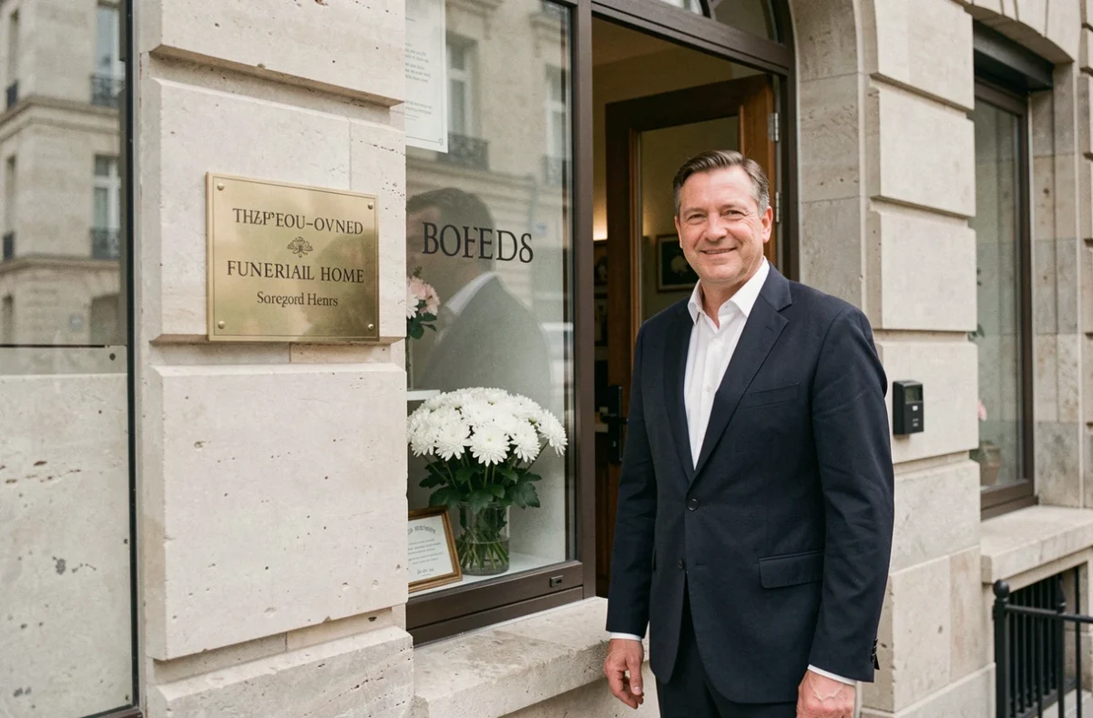 Façade d'une entreprise de pompes funèbres familiales à Bordeaux, avec un directeur en costume sombre