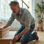 Homme d'âge moyen appliquant du ruban antidérapant sur un escalier moderne intérieur