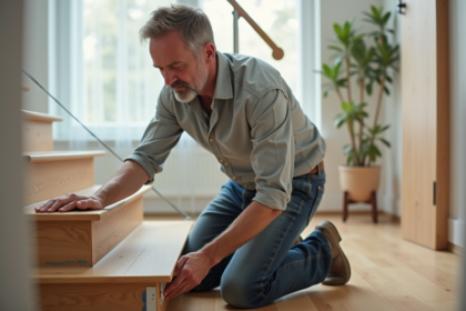 Homme d'âge moyen appliquant du ruban antidérapant sur un escalier moderne intérieur