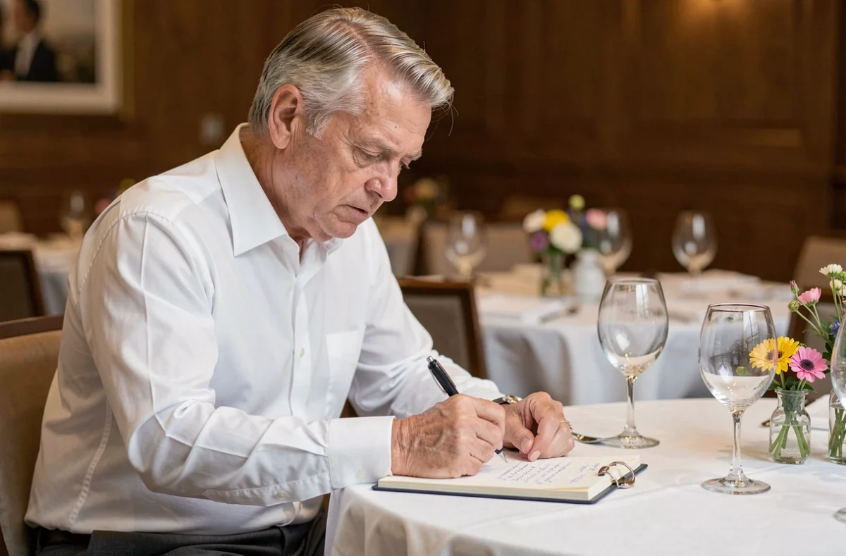Homme relisant ses notes avant de prononcer un discours de retraite, assis à une table de restaurant avec des verres de vin