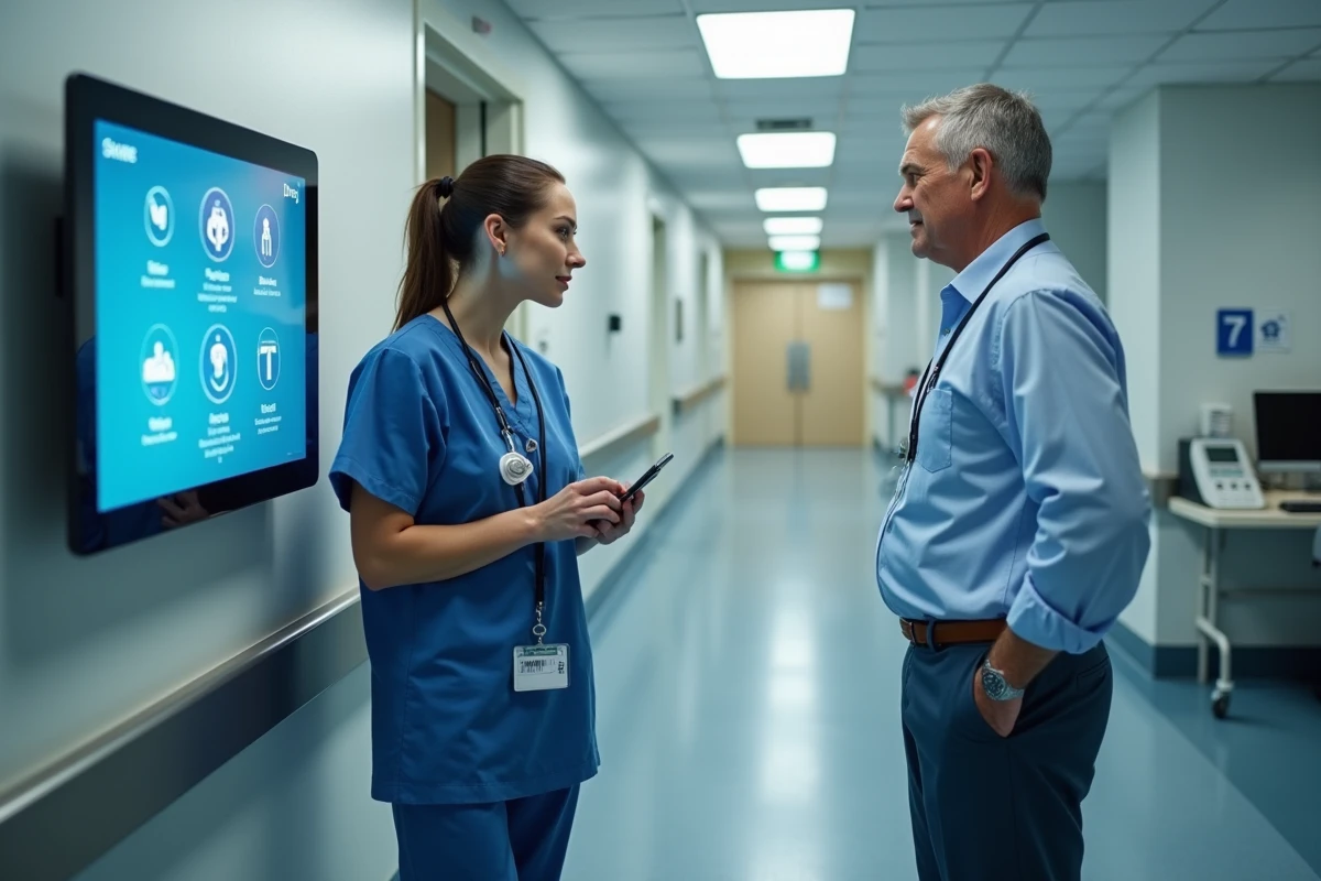 Deux professionnels de santé discutant de la sécurité des données patients devant un terminal numérique en couloir hospitalier