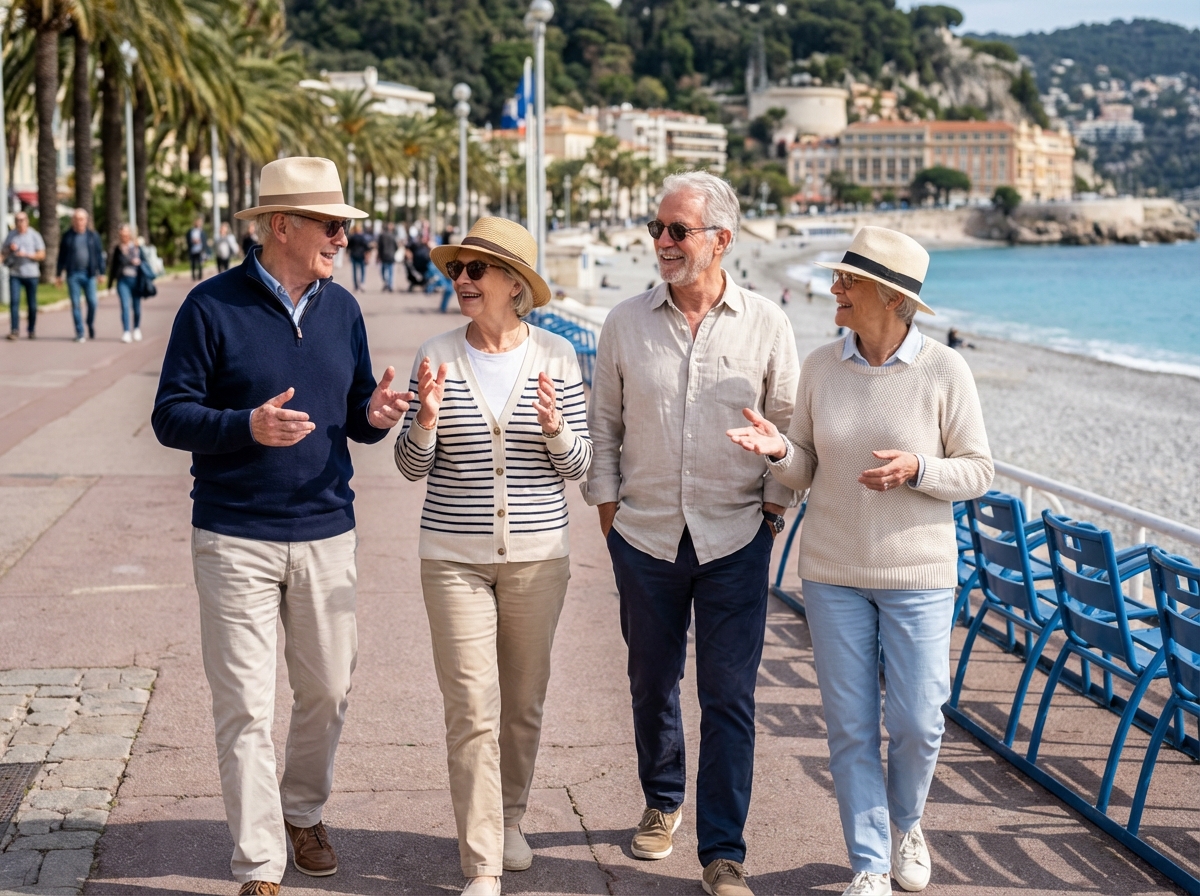 Groupe de quatre seniors souriants sur la Promenade des Anglais