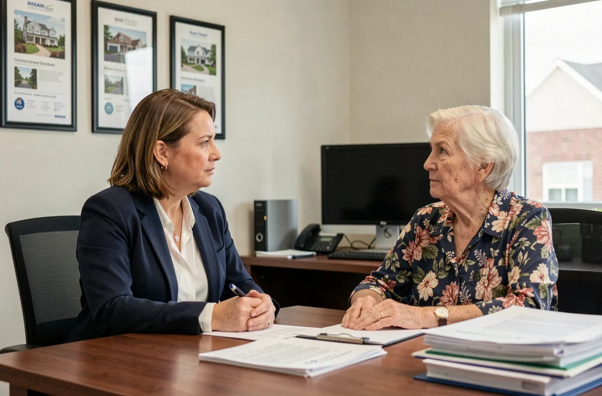 Propriétaire et locataire âgée en discussion dans une agence immobilière sur un préavis de départ