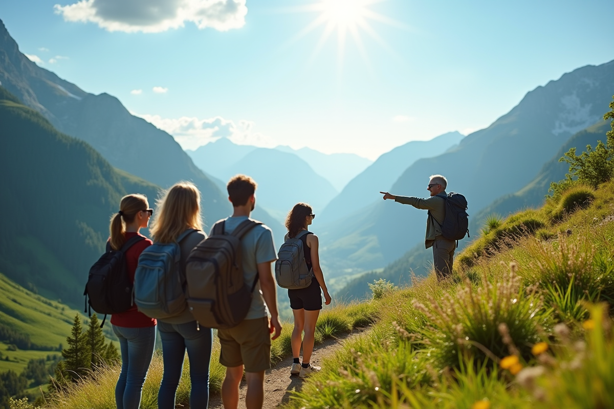 Amis en randonnée dans un paysage de montagne verdoyant