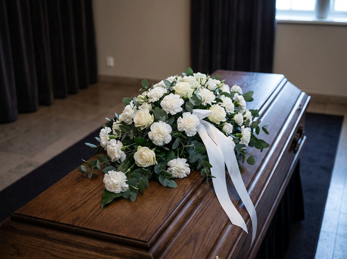 Raquette funéraire ovale de œillets blancs et de roses posée à plat sur le couvercle d'un cercueil en chêne sombre, avec un ruban de satin blanc