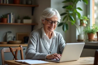 Une femme d'une cinquantaine d'années recherche une maison de retraite sur le site ensemble-senior.fr depuis son domicile