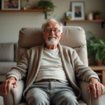 Homme âgé souriant assis dans un fauteuil relax en salon