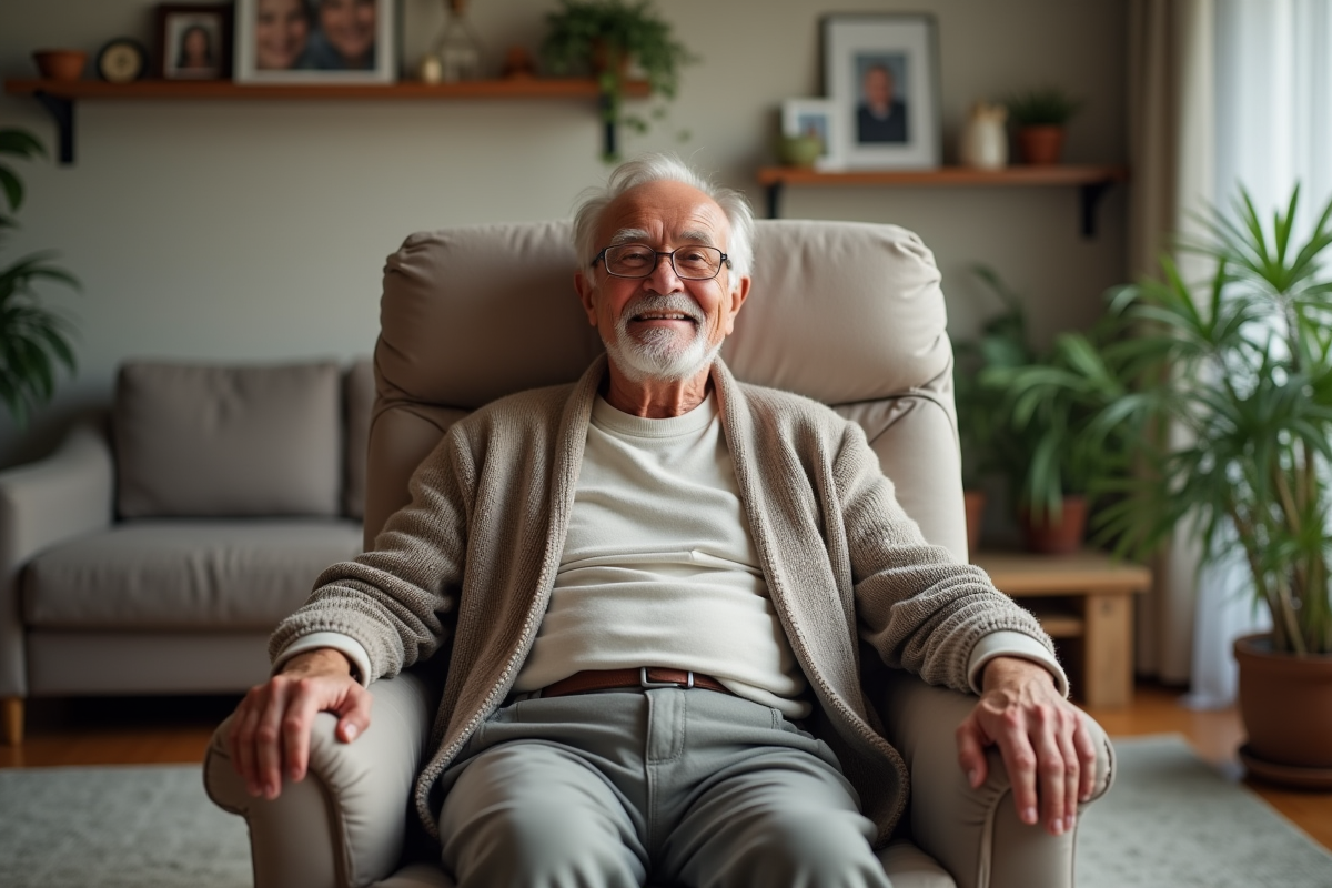 Homme âgé souriant assis dans un fauteuil relax en salon
