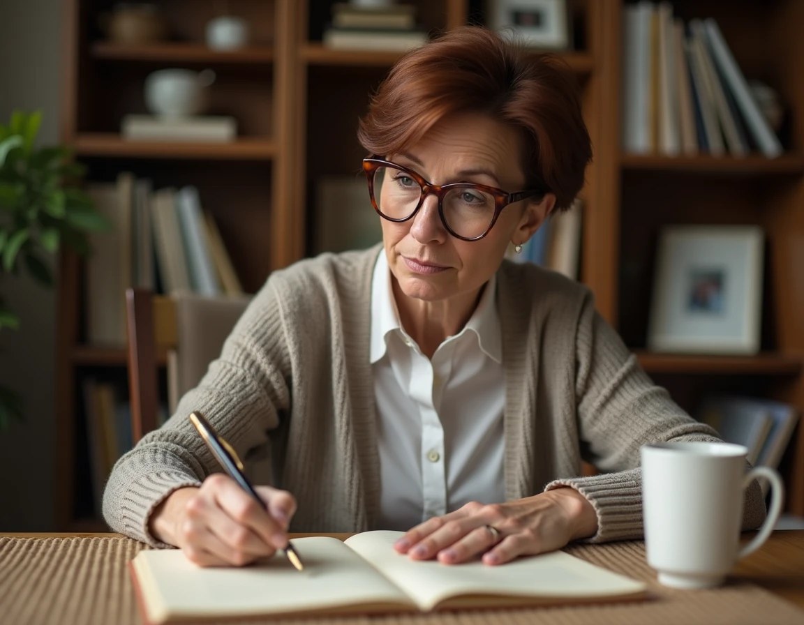 Femme rédigeant son discours de remerciement pour son départ à la retraite à son bureau à domicile