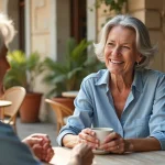 Deux femmes de 65 à 70 ans souriantes lors d'une rencontre amicale en terrasse de café