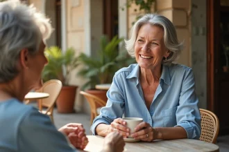 Deux femmes de 65 à 70 ans souriantes lors d'une rencontre amicale en terrasse de café