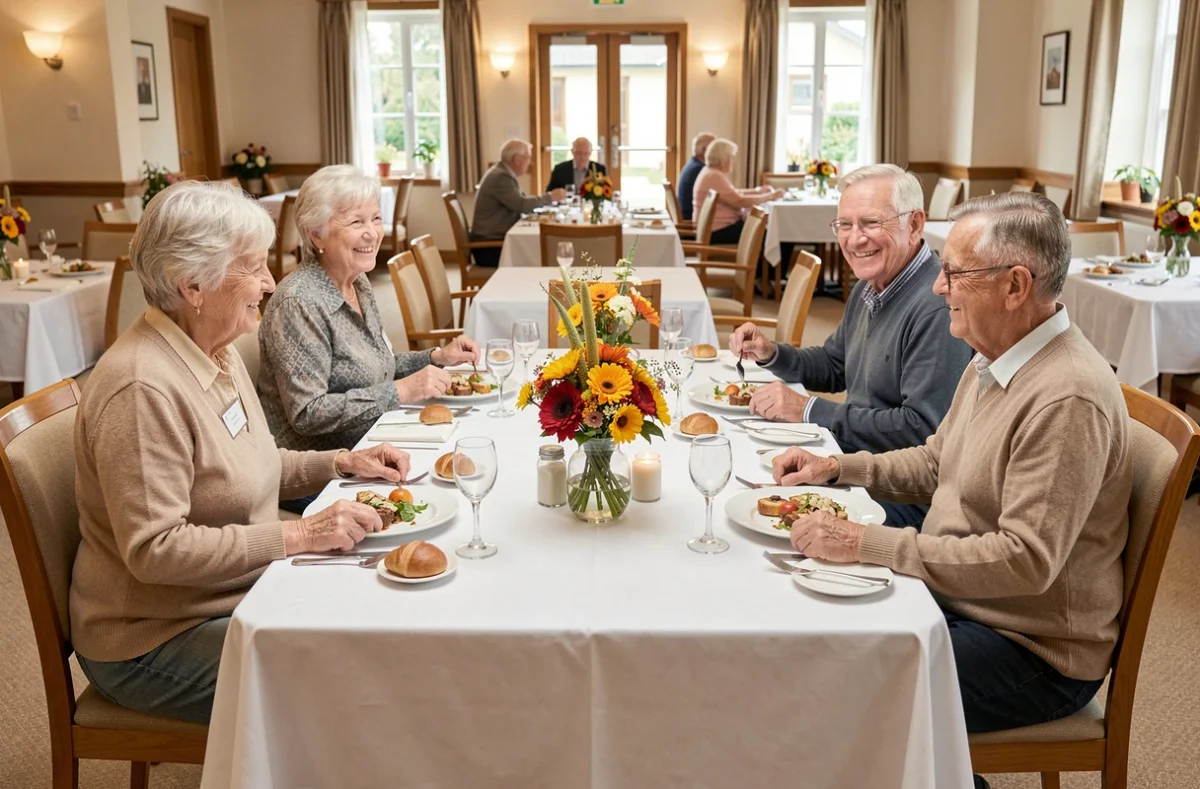 Groupe de résidents seniors partageant un repas dans la salle à manger d'une résidence de l'Ain